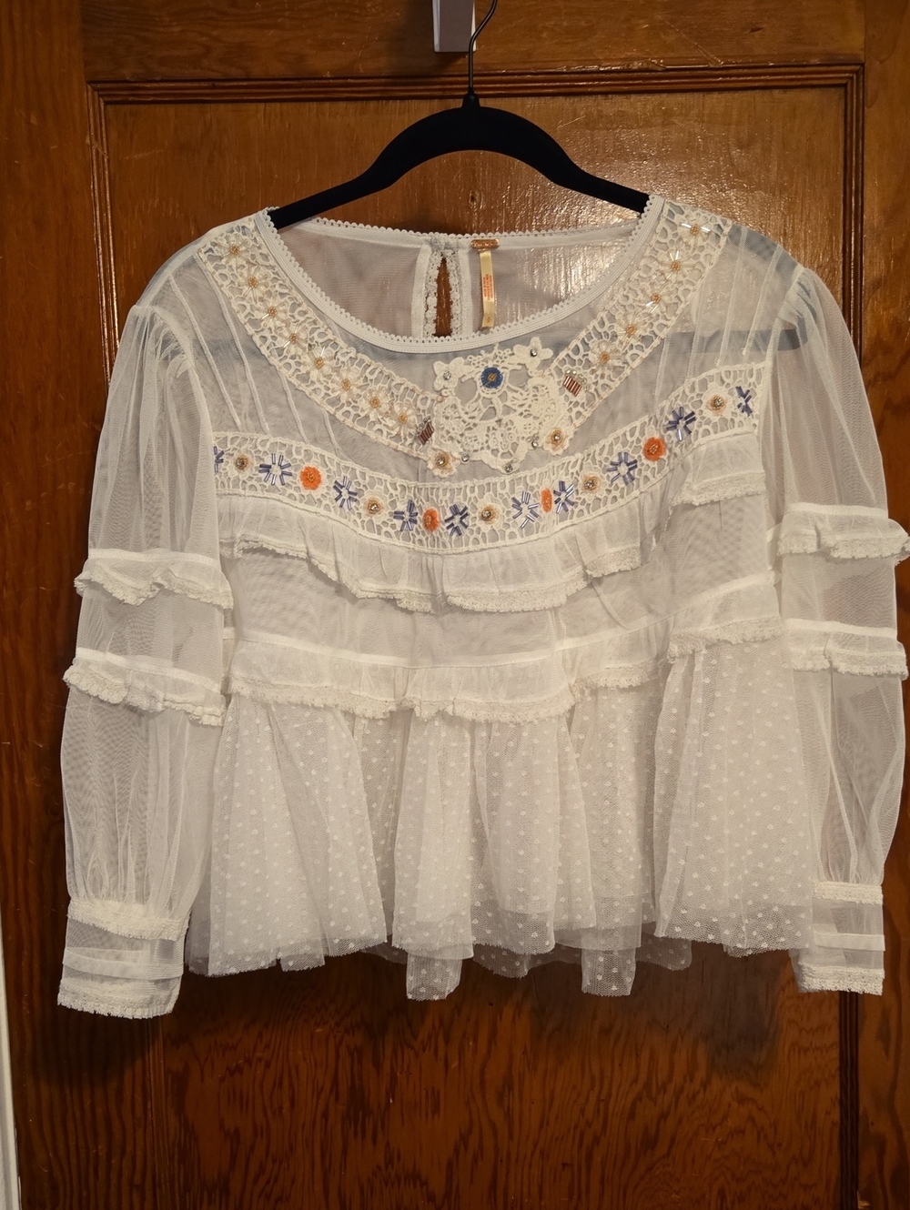 Free People White Sheer Embroidered Peasant Blouse